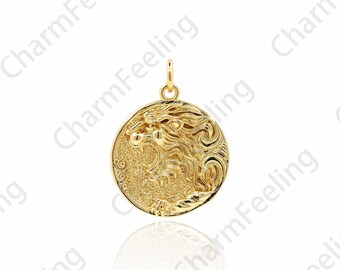 Collar de león relleno de oro de 18 quilates, colgante de animales salvajes, amuleto Leo, collar zodiac, accesorios de joyería de bricolaje, 23.5x18x3mm