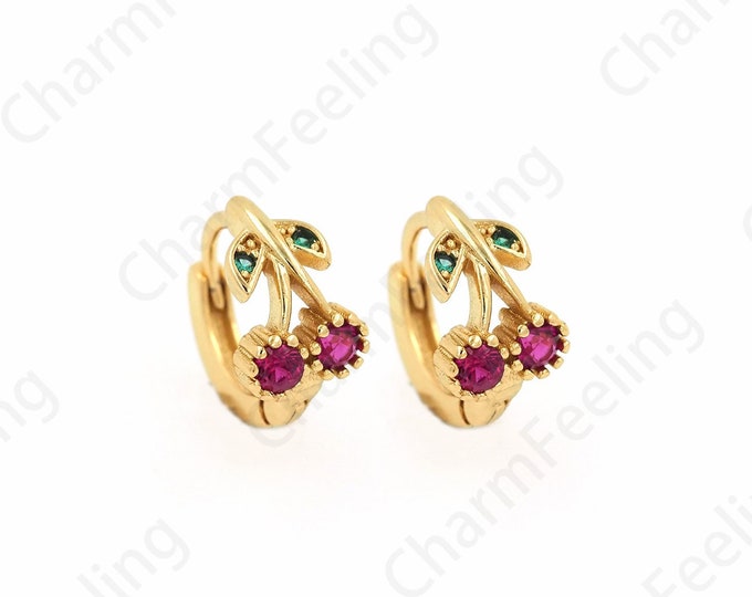 Cherry Hoops, Cherry Earrings, Fruit Earrings, Micropavé CZ Fruit Charm,18K Gold Filled Cherry Jewelry,DIY Jewelry Supplies, 12x6.8mm
