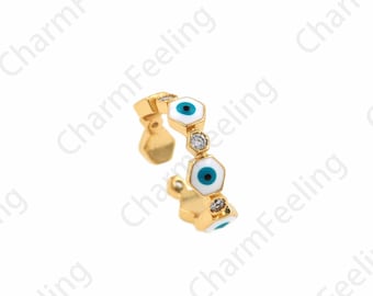 18K Gold Filled Enamel Adjustable Ring, Micropavé CZ Eye Ring, Gold Open Ring, Thin Eye Charm Ring, Enamel Charm