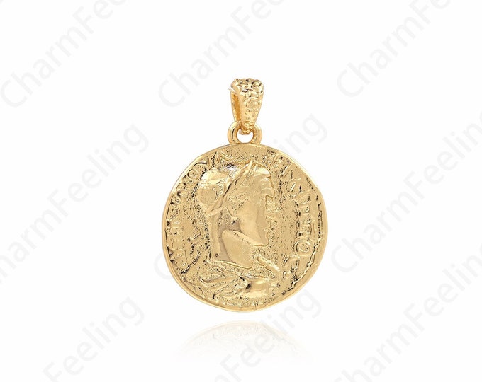 Faceted Character Pendant,18K Gold Filled Character Pendant,Round Coin Necklace,Coin Charm,Round Charm,DIY Jewelry Accessories, 25x17.7x2mm