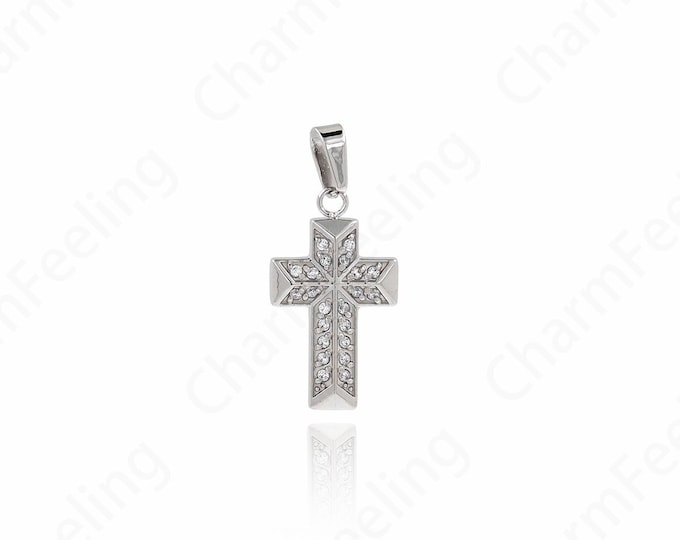 Cross Pendant,  Silver Filled Dainty Cross Necklace,Micropavé CZ Stainless Steel Religious Charm,DIY Jewelry Supplies 22x10x2mm