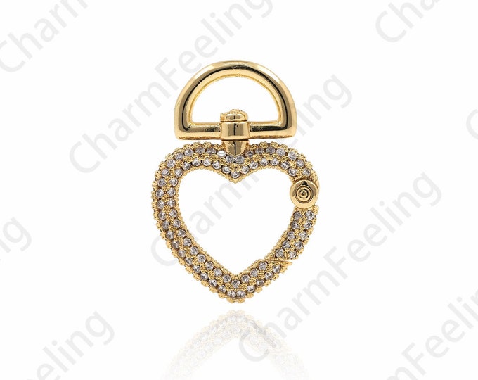 Micropavé CZ Heart-Shaped Spring Clasp, Push Door Clasp, Snap Clasp, Bracelet And Necklace Accessories, 18K Gold Filled Keychain 29x20x3.5mm