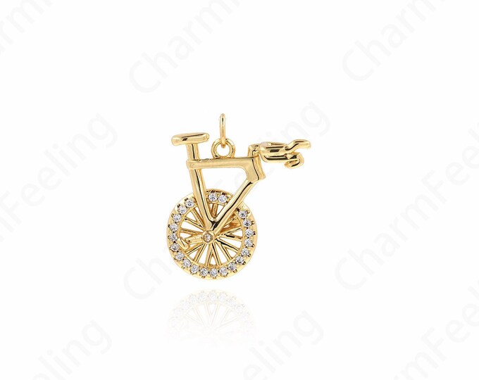 Micro Pave CZ Bicycle Charm, Bicycle Pendant, Racing Charm, 18K Gold Filled Bicycle Charm, DIY Jewelry Supplies, 23.5x22x5mm