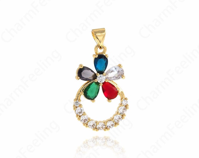 18K Gold Filled Flower Charm, Micro Pave CZ Flower Necklace, Botanical Charm, Round Pendant, DIY Jewelry Supplies, 29.5x16x3.8mm