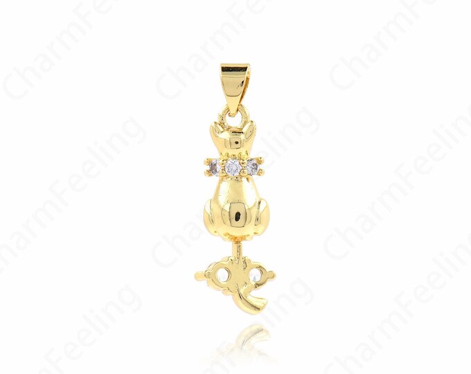 Cute Jewelry, 18K Gold Filled Cat Pendant, Micropavé CZ Cat Necklace, Animal Pendant, Animal Charm, DIY Jewelry Accessories, 29.5x8x4.5mm