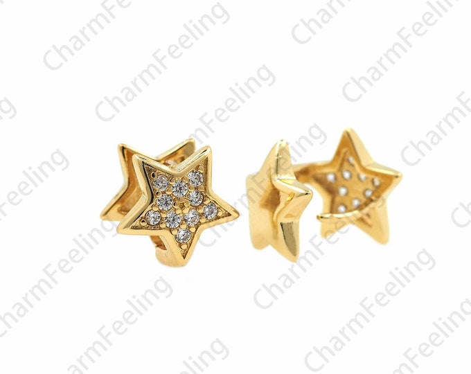 1 Pair, 18K Gold Filled Five-Pointed Star Earrings, Micropavé CZ Polaris Earrings, Star Bone Clip Earrings, 10.5x10.5x11mm