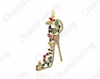 Micropavé CZ Pendentif à talon haut, Collier à talon haut, Charme de chaussure en émail, Pendentif à talon haut rempli d’or 18K, 44x20x2mm