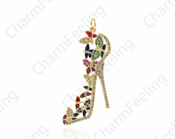 Micropavé CZ High Heel Pendant, High Heel Necklace, Enamel Shoe Charm, 18K Gold Filled High Heel Pendant, 44x20x2mm