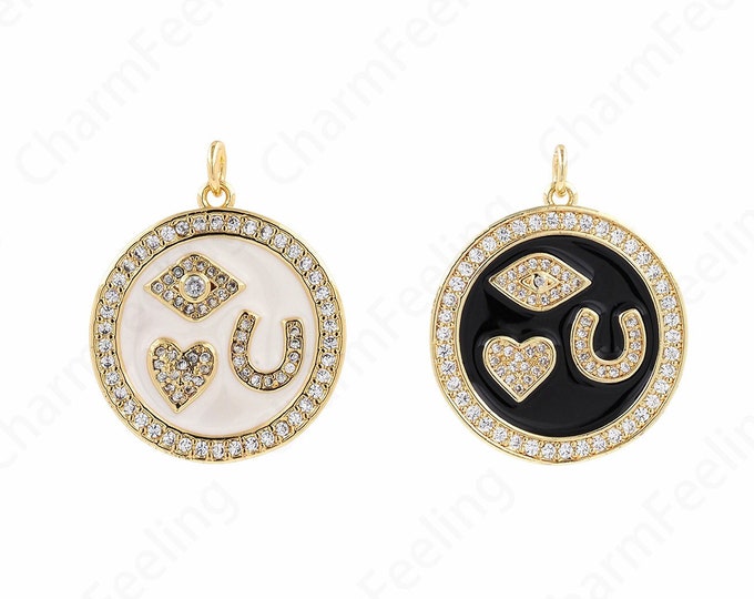 Lucky Charm, 18K Gold Filled Heart Pendant, Round Charm, Enamel Charm, Micropavé CZ Horseshoe Charm, DIY Jewelry Supplies, 30x25x2mm
