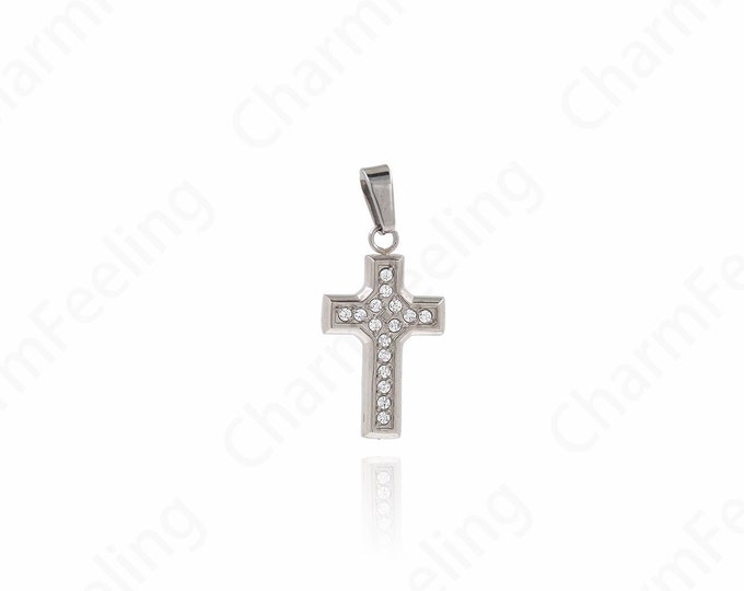 Micropavé CZ Cross Charm,Stainless Steel Cross Pendant,  Silver Filled Religious Charm, Christian Charm, DIY Jewelry Supplies 22x10x1.8mm