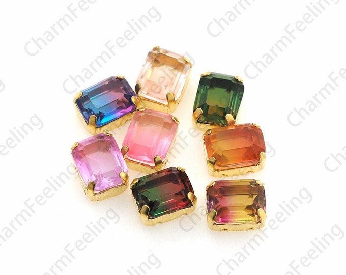 10pcs, Rectangular Crystal, Flat Glass Crystal With Golden Claw, AB Crystal, Multi-Color Optional, DIY Wedding Jewelry Accessories