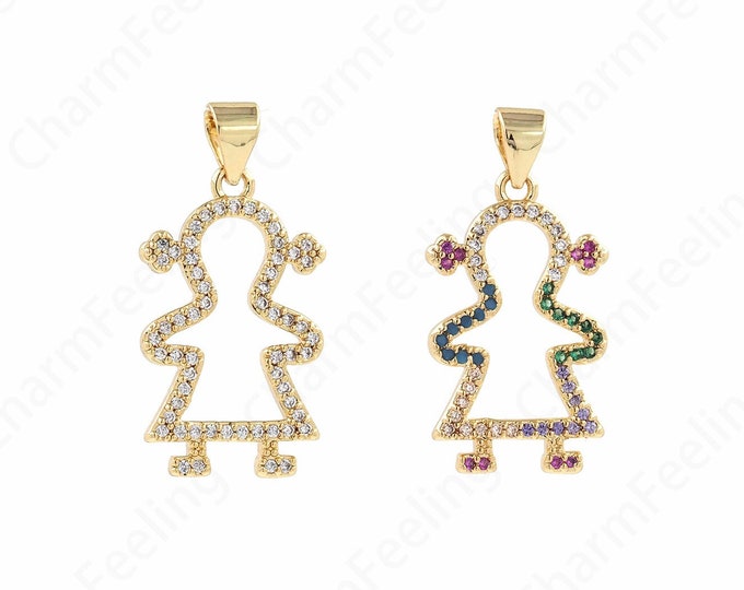 Micropavé CZ Kids Charm, Girl Charm, Girl Pendant, 18K Gold Filled Girl Necklace, DIY Jewelry Supplies, 26x13.5x2mm