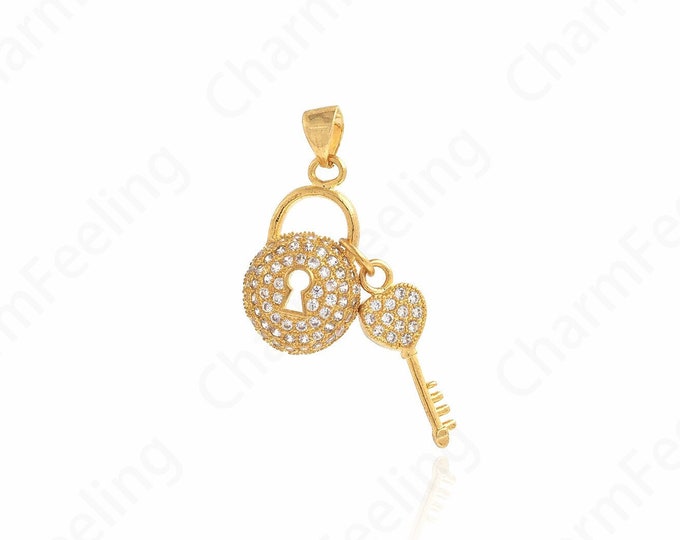Micropavé CZ Key Pendant, 18K Gold Filling Lock Pendant, Lock Charm, Key Charm, Suitable For DIY Jewelry Making Accessories, 34x12.4x4.6mm