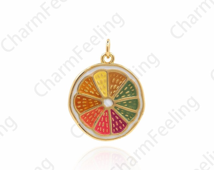 Lemon Slice Pendant, Orange Slice Necklace, 18K Gold-Plated Enamel Orange Necklace, Orange Charm, Orange Charm, Fruit Charm, 21x16x1.4mm