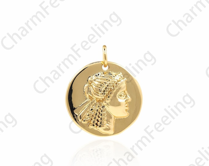 Round Coin Pendant,18K Gold Filled Character Necklace,Faceted Coin Pendant,Character Charm, Coin Charm, DIY Jewelry Accessories, 21x18x3.5mm