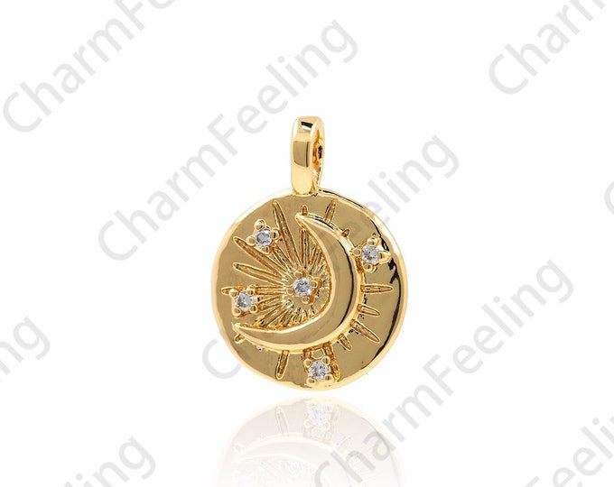 18K Gold Filled Round Coin Pendant, Micropavé CZ Moon Pendant, Crescent Necklace, Astral Charm, DIY Jewelry Accessories, 18x13x2mm