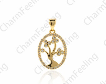 18K Gold Filled Tree Of Life Pendant, Micropaved CZ Tree Necklace, Plant Charm, Tree Charm, DIY Jewelry Accessories, 25x14x2.5mm