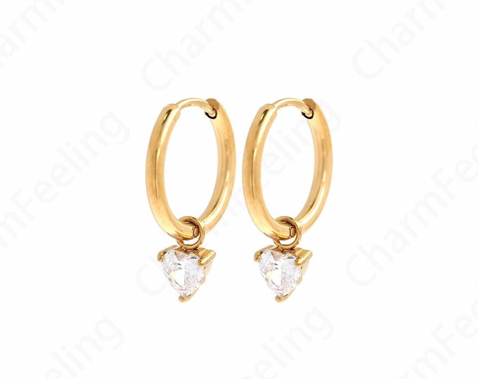 Heart-Shaped Earrings,18K Gold Filled Love Earrings, Dainty Love Earrings,Micropaved CZ Love Charm, A Gift For Her,13.5x1.5mm