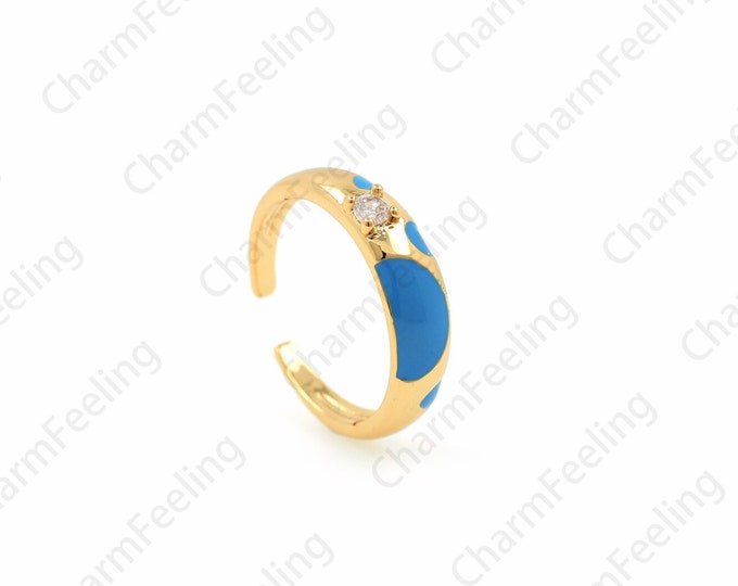 18K Gold Filled Enamel Ring, Exquisite Gold Ring, Micro-Pavé CZ Round Ring, Ring Pendant, Adjustable Ring, Golden Open Ring