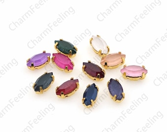 10pcs, Horse Eye Classic Cut Crystal Gemstone, Sewn Crystal Rhinestone, Flat Back Crystal With Golden Claw, 4x8mm