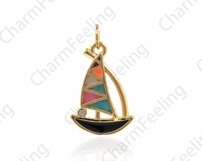 18K Gold Filled Enamel Sailboat Pendant, Sailboat Necklace, Sailboat Charm, Enamel Pendant, Nautical Charm, Marine Necklace, 17.5x10x1.7mm