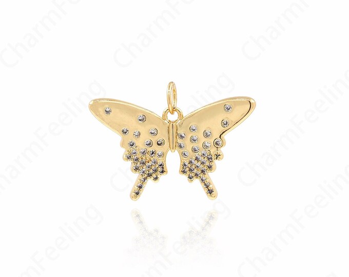 Micropavé CZ Flying Charm, 18K Gold Filled Insect Necklace, Butterfly Pendant, Butterfly Necklace, DIY Jewelry Supplies, 14.5x25.5x2.5mm
