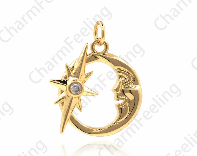 18K Gold Filled Star And Moon Necklace,CZ Micropavé Star Charm,Moon Face Pendant,Star Charm,DIY Jewelry Components 18.5x15x2.5mm