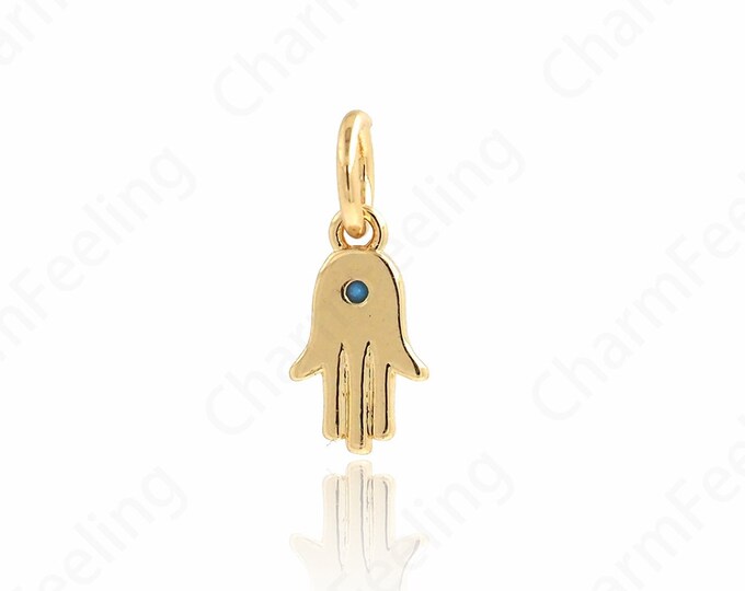 18K Gold Filled Hand Pendant, Hamsa Pendant, Slap Necklace, Micropavé CZ Hamsa Charm, DIY Jewelry Supplies, 13.2x5.5x1mm