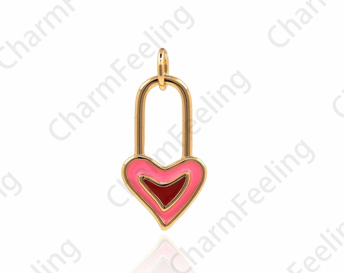 18K Gold Filled Heart Lock Pendant, Enamel Long Bar Heart Lock Pendant, Enamel Charm, Heart Lock Charm, DIY Jewelry Accessories 21x10x2mm
