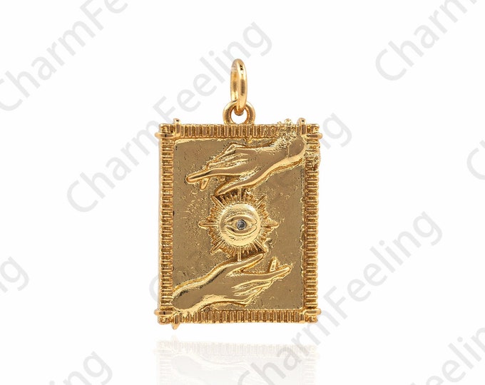 18K Gold Filled Third Eye Tarot Necklace,Micropavé CZ Square Hand-Eye Pendant, Lucky Eye Pendant,Rectangular Tarot Pendant 24x15x1.7mm