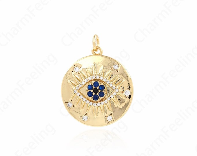 18K Gold Filled Eye Pendant,Micropavé CZ Eye Coin Necklace,Dainty Eye Charm,DIY Jewelry Making Accessories 26.5x21.5x4mm