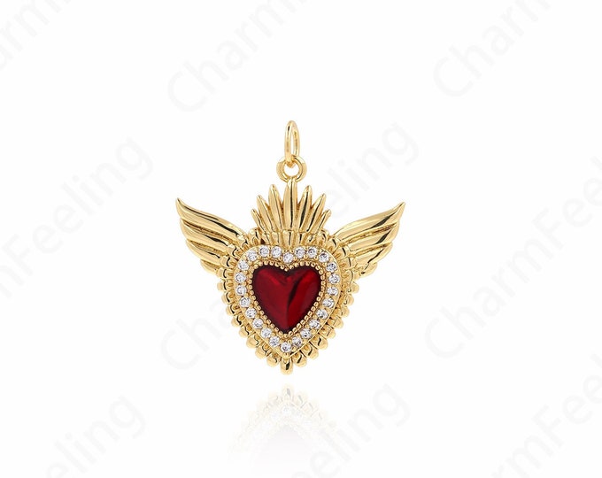 Heart-Shaped Charm, MicroPave CZ Heart Necklace, Wings Heart Pendant, DIY Jewelry Making Supplies 26x24x2.5mm
