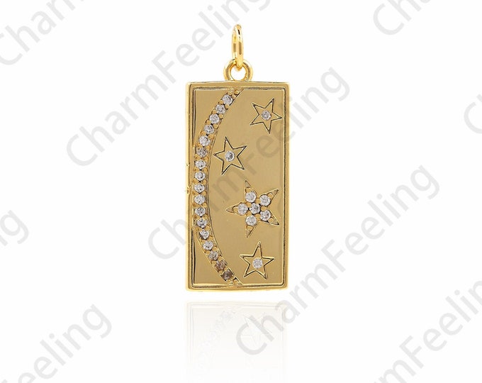 18K Gold Filled Astral Tarot Necklace, Micropavé CZ Square Moon Pendant, Star Pendant, Rectangular Tarot Pendant 28x11x1.7mm
