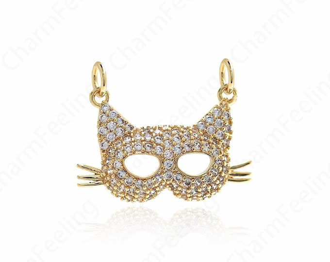 18K Gold Filled Cat Charm, Micropave CZ Mask Charms, Cat Mask Charm, DIY Jewelry Making Findings Supplies,24.8x19.6x4.7mm