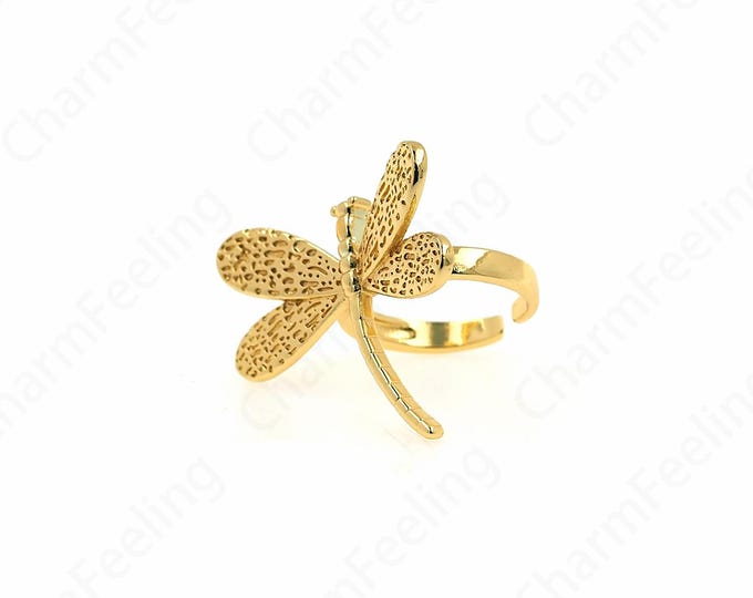 Dragonfly Ring, Adjustable Ring, Gold Open Ring,18K Gold Filled Minimalist Thin Ring, Micropavé CZ Daily Insect Ring,