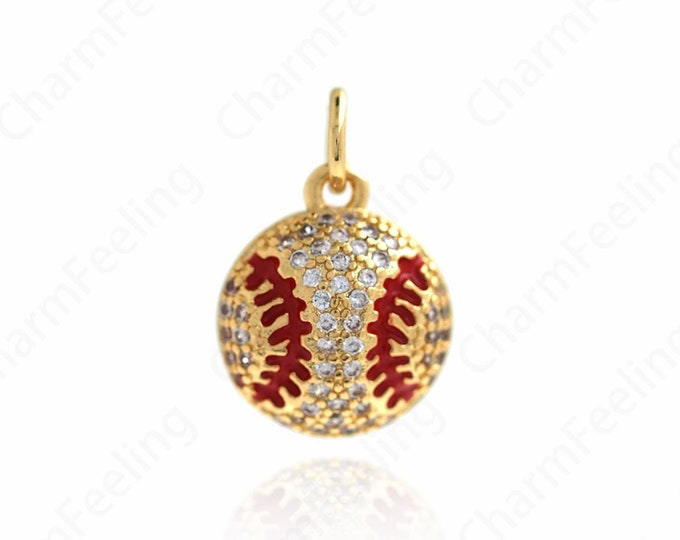 18K Gold Filled Baseball Pendant, Gold Baseball Charm, Pave cubic zirconia Ball Charm, Baseball Fan Gift, DIY Necklace Finding,16.5x11x3.5mm