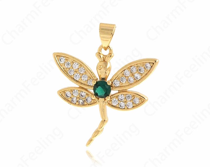 Insect Charm, Flying Charm, 18K Gold Filled Wings Necklace, Micropavé CZ Dragonfly Pendant, DIY Jewelry Making Supplies,28.8x23.5x4mm