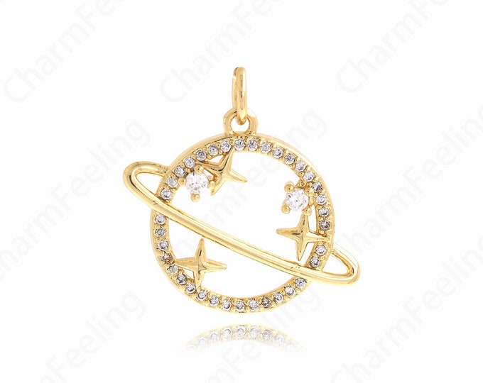 18K Gold Filled Petite Handmade Saturn Necklace,Micropavé CZ Planet Pendant,Space Bracelet,Exquisite Gift  21.5X22.5X3.5mm