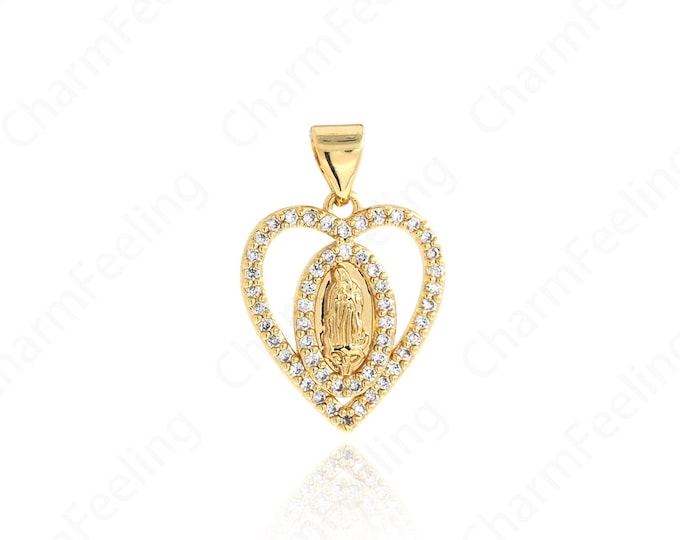 Virgin Mary Charm, 18K Gold Filled Heart Maria Necklace, Micropavé CZ Catholic Necklace, DIY Jewelry Accessories, 23x16x2mm