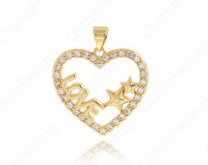 Micropavé CZ Love Necklace,18K Gold Filled Love Charm, Heart Pendant, Heart Charm, DIY Jewelry Accessories, 27x24.2x2.3mm