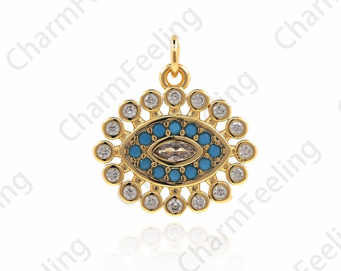 18K Gold Filled Eye Necklace,Eye Charm,Magic Eye Pendant,Eye Charm,Micro Pavé CZ Gold Disc Necklace,DIY Jewelry Components 16.5x15x2mm
