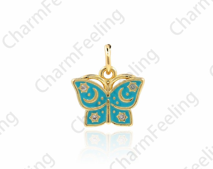 18K Gold Filled Butterfly Pendant,Micropavé CZ Enamel Butterfly Necklace,Butterfly Charm,Insect Necklace,DIY Jewelry Accessories,13x12x1.8mm