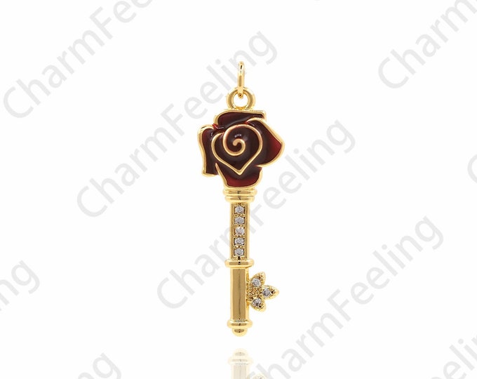 Rose Key Pendant, Enamel Rose Key, Enamel Charm, CZ Key Necklace, DIY Jewelry Making Accessories 29.4x9x3.6mm 1pcs
