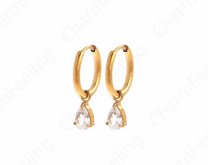 Teardrop Earrings, Micro pavé CZ Droplet Earrings, 18K Gold Filled Teardrop Earrings,Stainless Steel Earrings, Gift for Her, 13.5x1.5mm