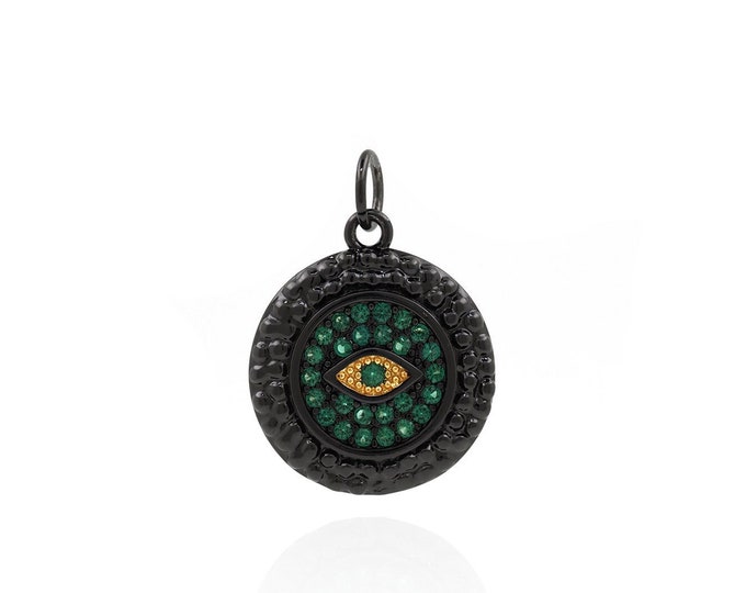 18K Gold Filled Round Charm, Micropavé CZ Devil's Eye Necklace, Black Eye Pendant, DIY Jewelry Supplies, 20.5x15x2.7mm