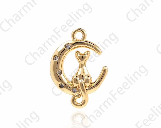 Filled Gold Moon Pendant, Cat Charm, Moon And Cat Gift, Celestial Jewelry, Animal Charm, DIY Jewelry Making Accessories 17x12x3mm 1pcs