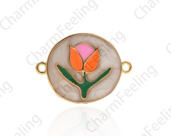 18K Gold Filled Enamel Round Rose Connector, Round Bracelet Accessories, Disc Rose Connector, Plant Charm, Rose Charm 15x20x1.7mm