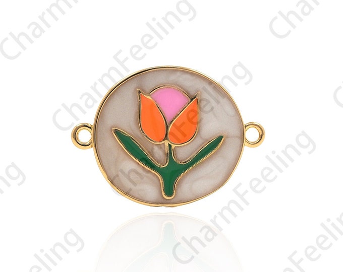 18K Gold Filled Enamel Round Rose Connector, Round Bracelet Accessories, Disc Rose Connector, Plant Charm, Rose Charm 15x20x1.7mm