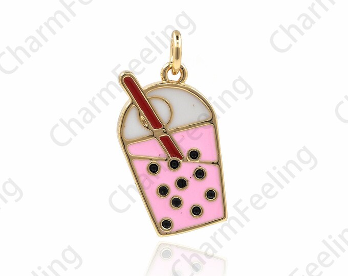 18K Gold Filled Enamel Milk Tea Cup Pendant, Enamel Pendant, Cup Necklace, Straw Pendant, DIY Jewelry Making Accessories 24x12x2mm