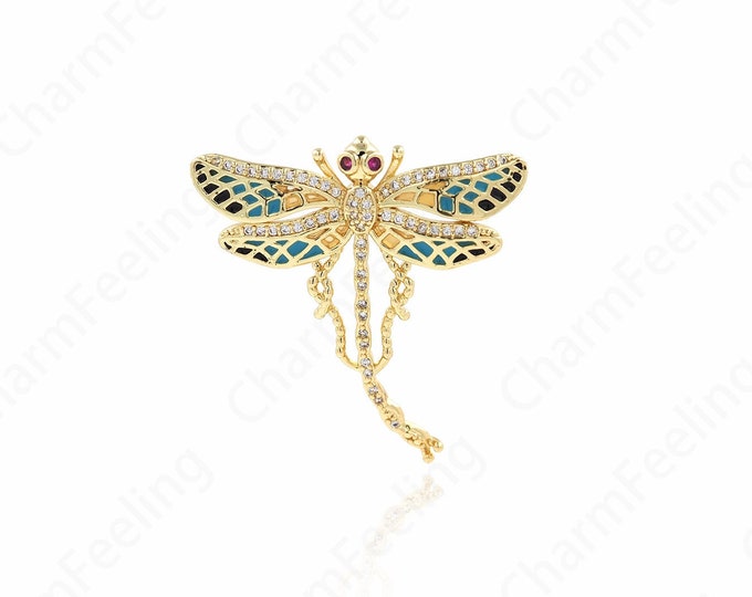 Micropavé CZ Dragonfly Pendant, Insect Charm,Pearl Charm, 18K Gold Filled Wings Necklace, DIY Jewelry Making Supplies,38x39.5x4mm